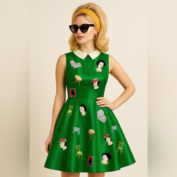 cheloo Dresses & Skirts - cheloo silk Green Sleeveless Collared Dress art print